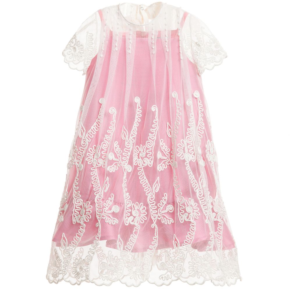 Mi Mi Sol-Pink Satin & Ivory Embroidered Overlay Dress | Childrensalon Outlet