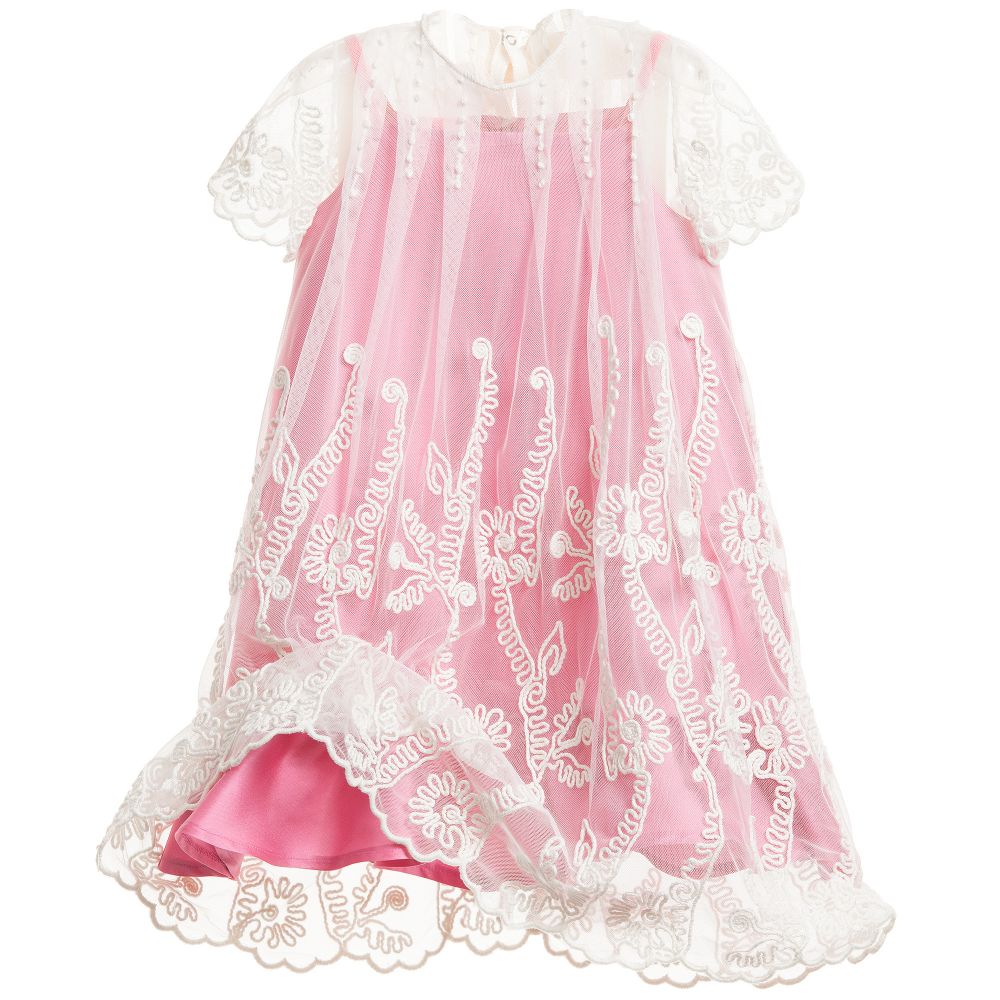 Mi Mi Sol-Pink Satin & Ivory Embroidered Overlay Dress | Childrensalon Outlet