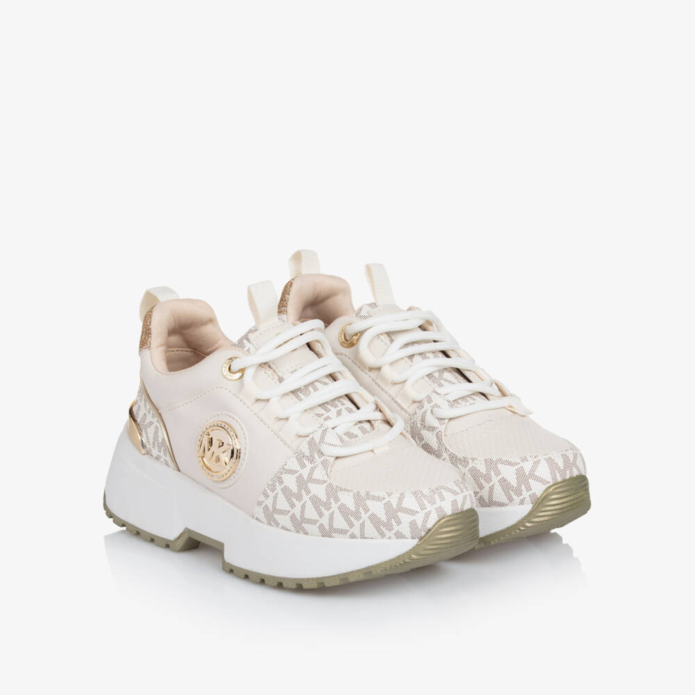 Michael Kors Kids-Girls Beige Logo Faux Leather Sneakers | Childrensalon Outlet