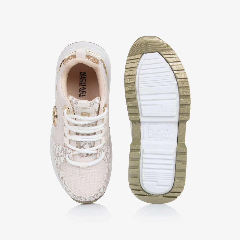 Michael Kors Kids-حذاء رياضي للبنات من الجلد الصناعي البيج بشعار مميز | Childrensalon Outlet