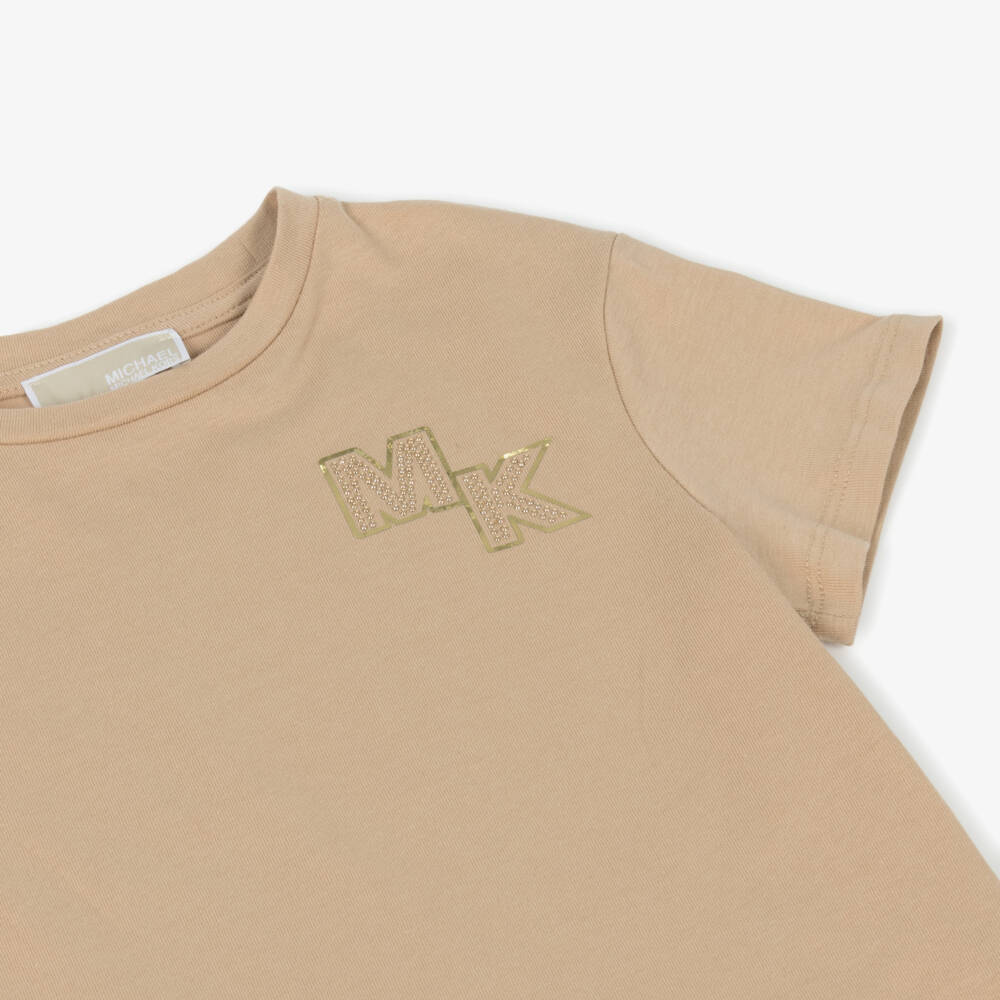 Michael Kors Kids-Girls Beige Logo Tee with Metallic Flair | Childrensalon Outlet
