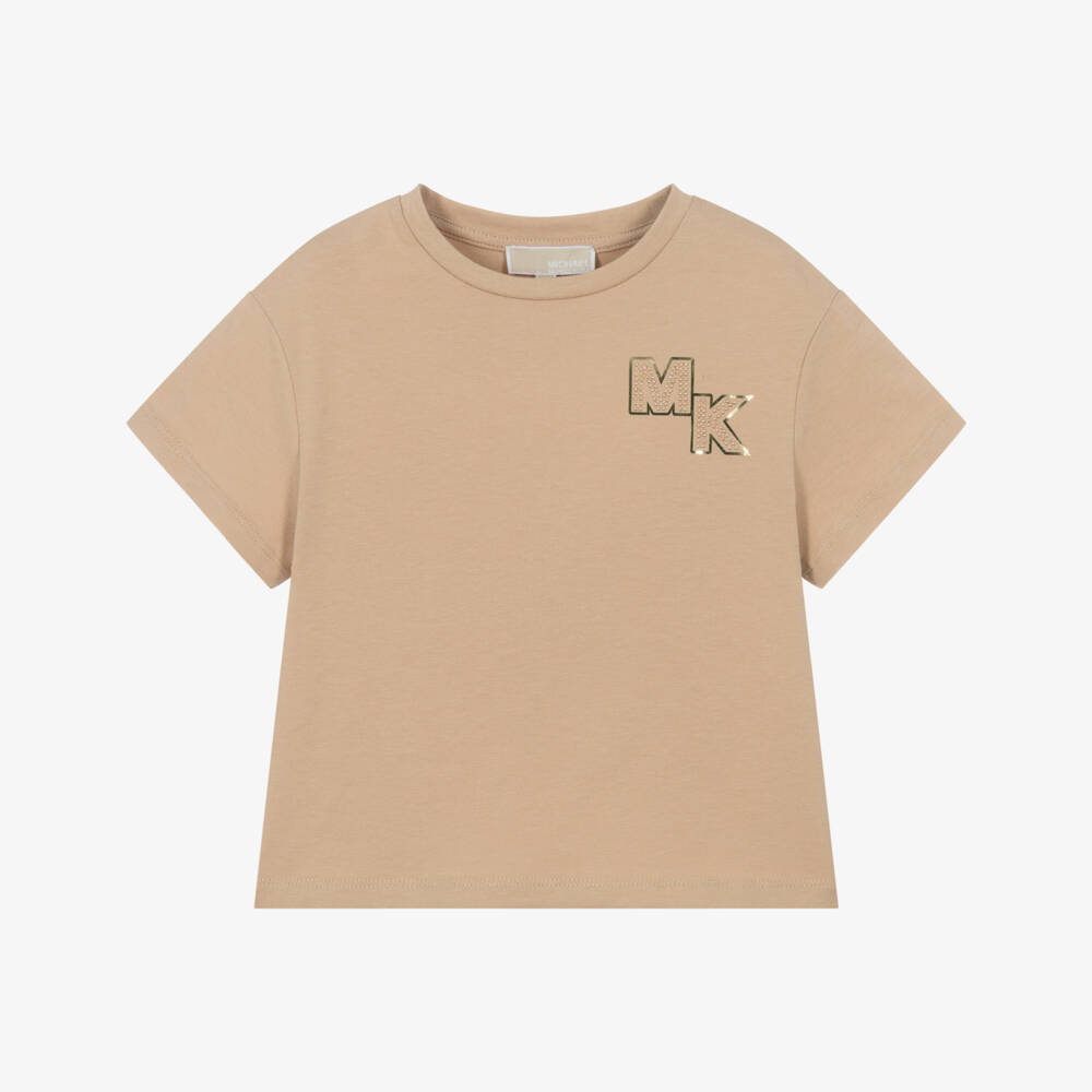 Michael Kors Kids-Girls Beige Logo Tee with Metallic Flair | Childrensalon Outlet