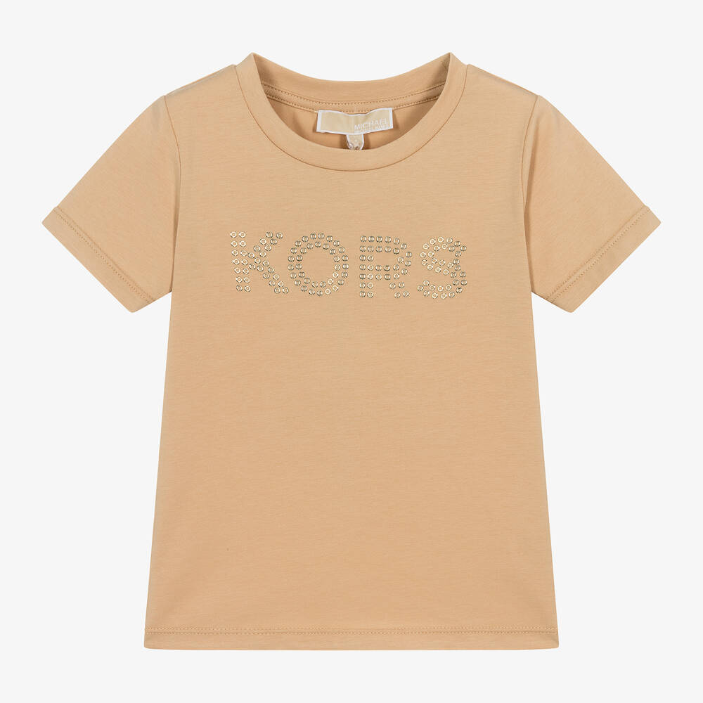 Michael Kors Kids-Girls Beige Studded Organic Cotton T-Shirt | Childrensalon Outlet