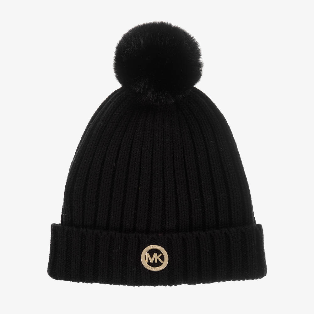 Girls Black Knit Pom Pom Hat