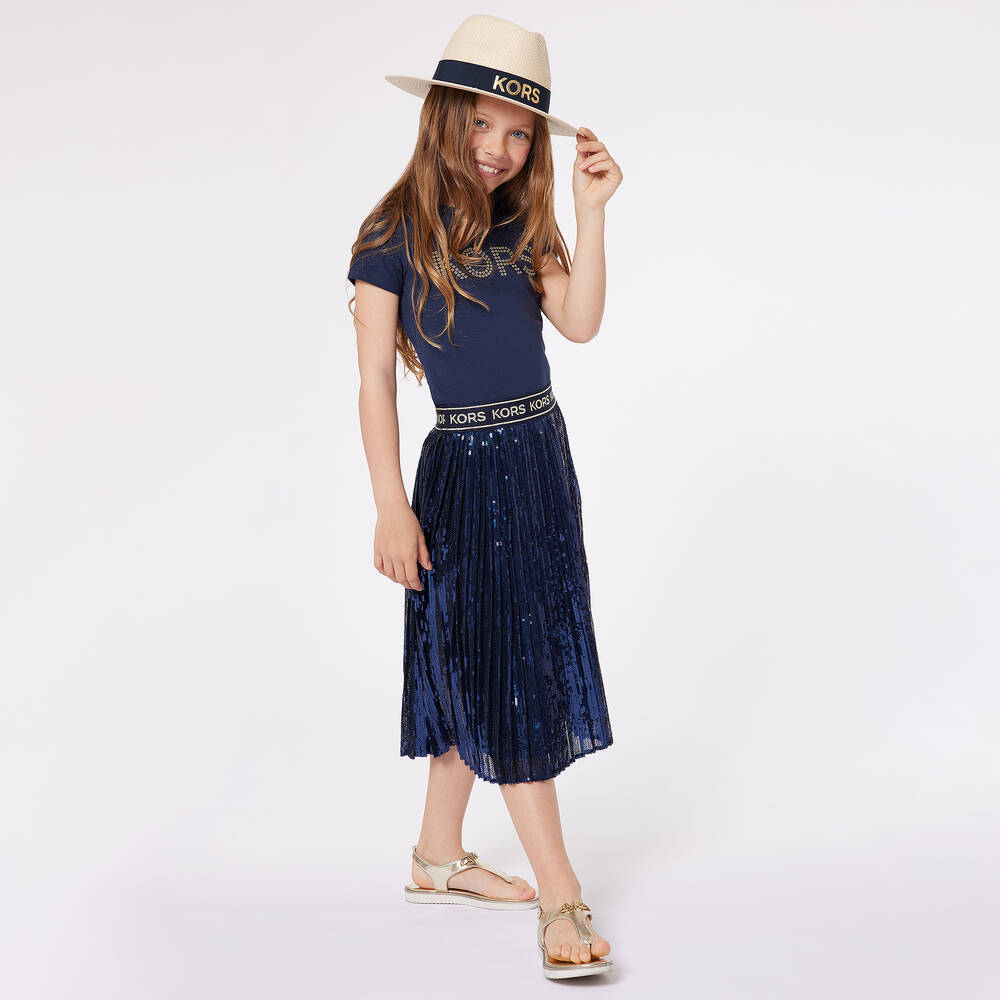 Michael Kors Kids-Girls Blue Pleated Sequined Skirt | Childrensalon Outlet