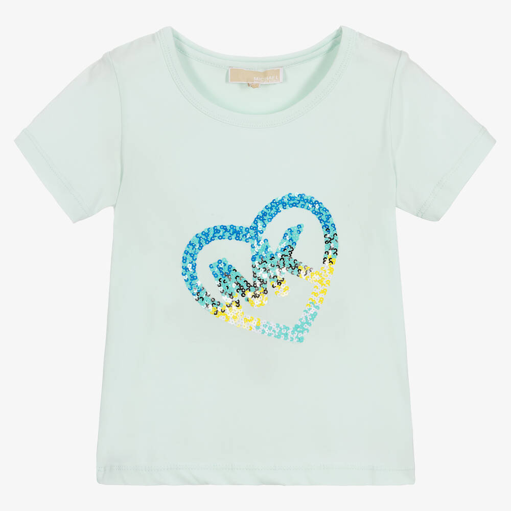 Michael Kors Kids - Girls Blue Sequin Heart Logo T-Shirt | Childrensalon