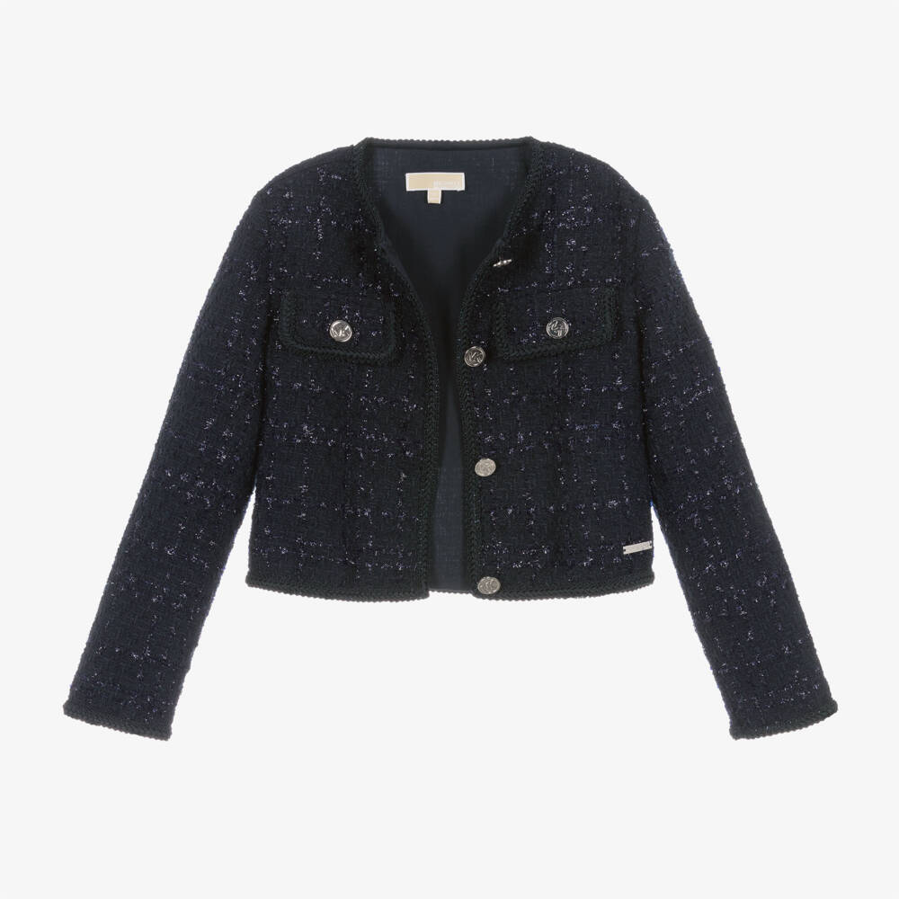 Michael Kors Kids-Girls Blue Tweed Buttoned Jacket | Childrensalon Outlet