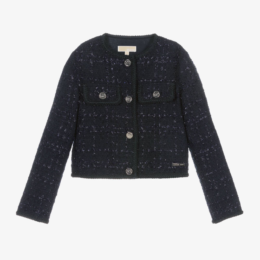 Michael Kors Kids-Girls Blue Tweed Buttoned Jacket | Childrensalon Outlet