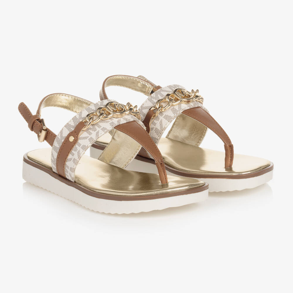 Michael Kors Kids - Girls Brown Faux Leather Logo Sandals  | Childrensalon