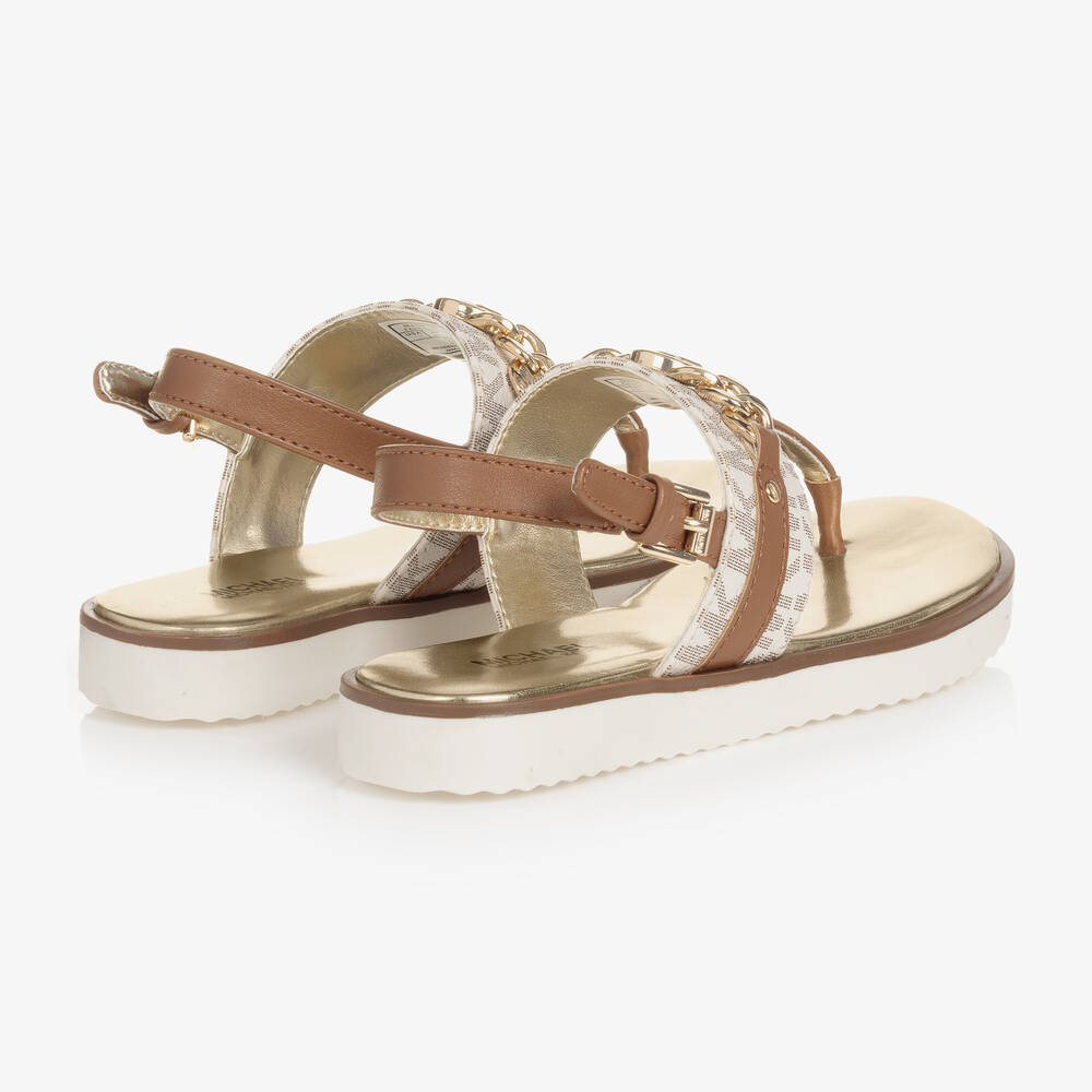 Michael Kors Kids Girls Brown Faux Leather Logo Sandals