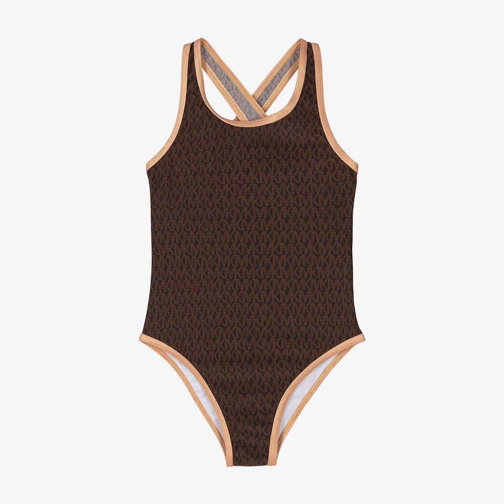 Michael Kors Kids - Girls Brown Logo Swimsuit | Childrensalon