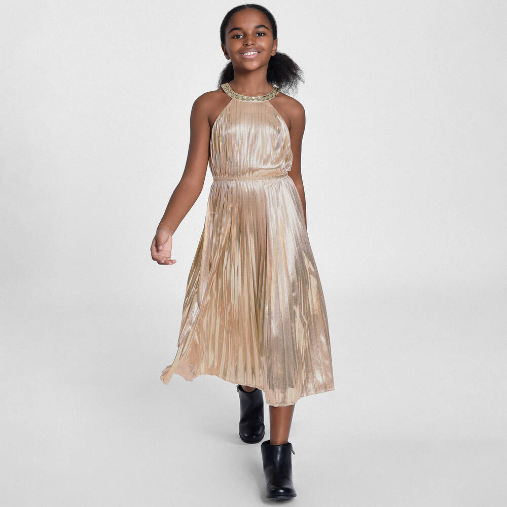Michael Kors Kids Girls Gold Pleated Lame Midi Dress