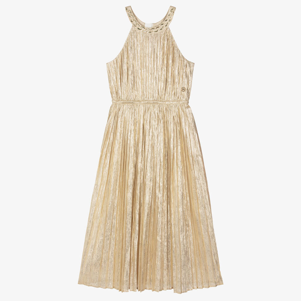 Michael Kors Kids Girls Gold Pleated Lame Midi Dress Childrensalon Outlet