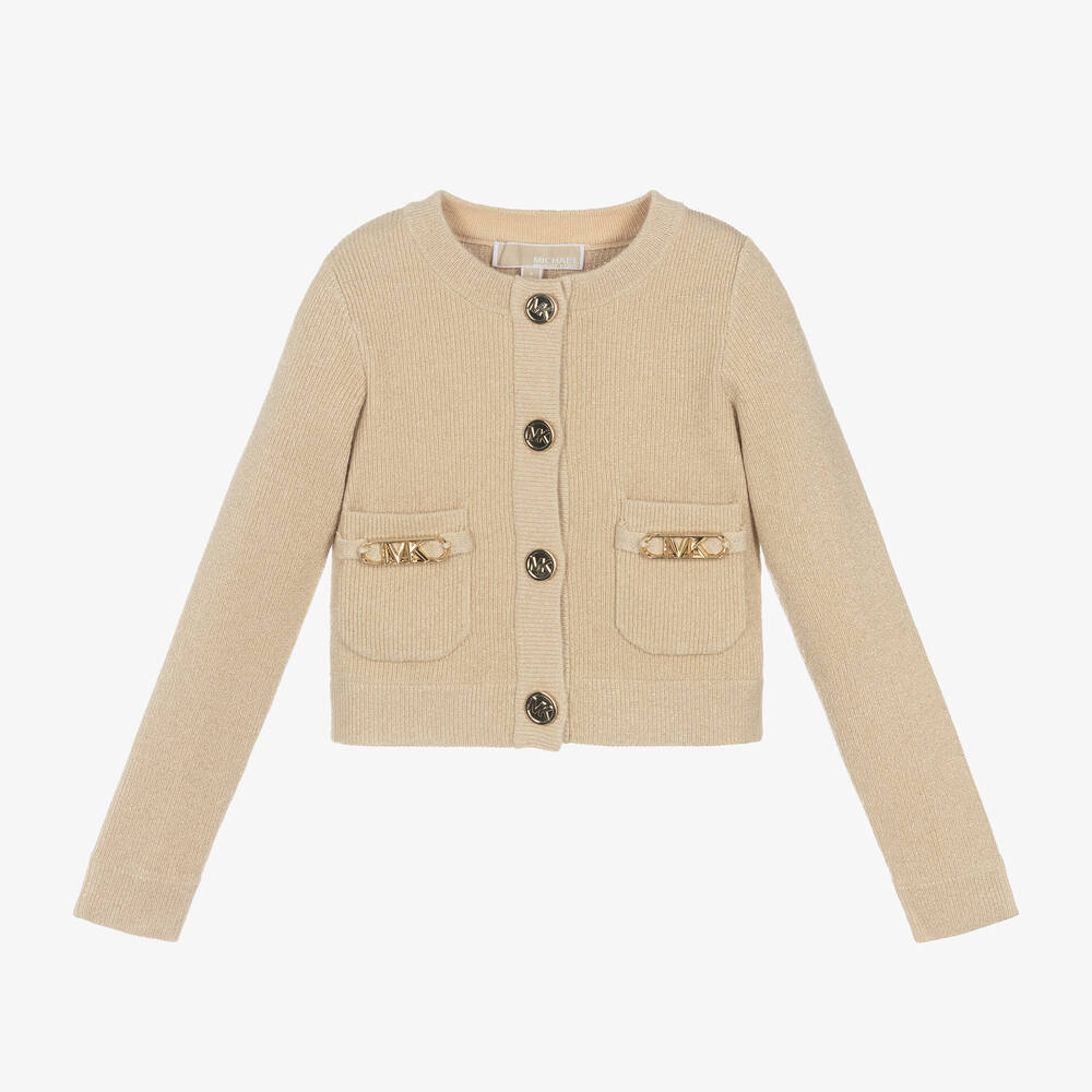 Michael Kors Kids-Girls Gold Ribbed Knit Viscose Cardigan | Childrensalon Outlet