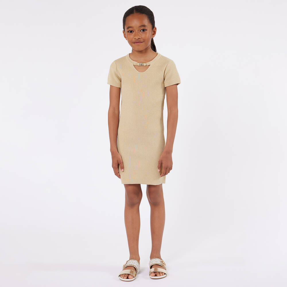 Michael Kors Kids-Girls Gold Ribbed Knit Viscose Dress | Childrensalon Outlet