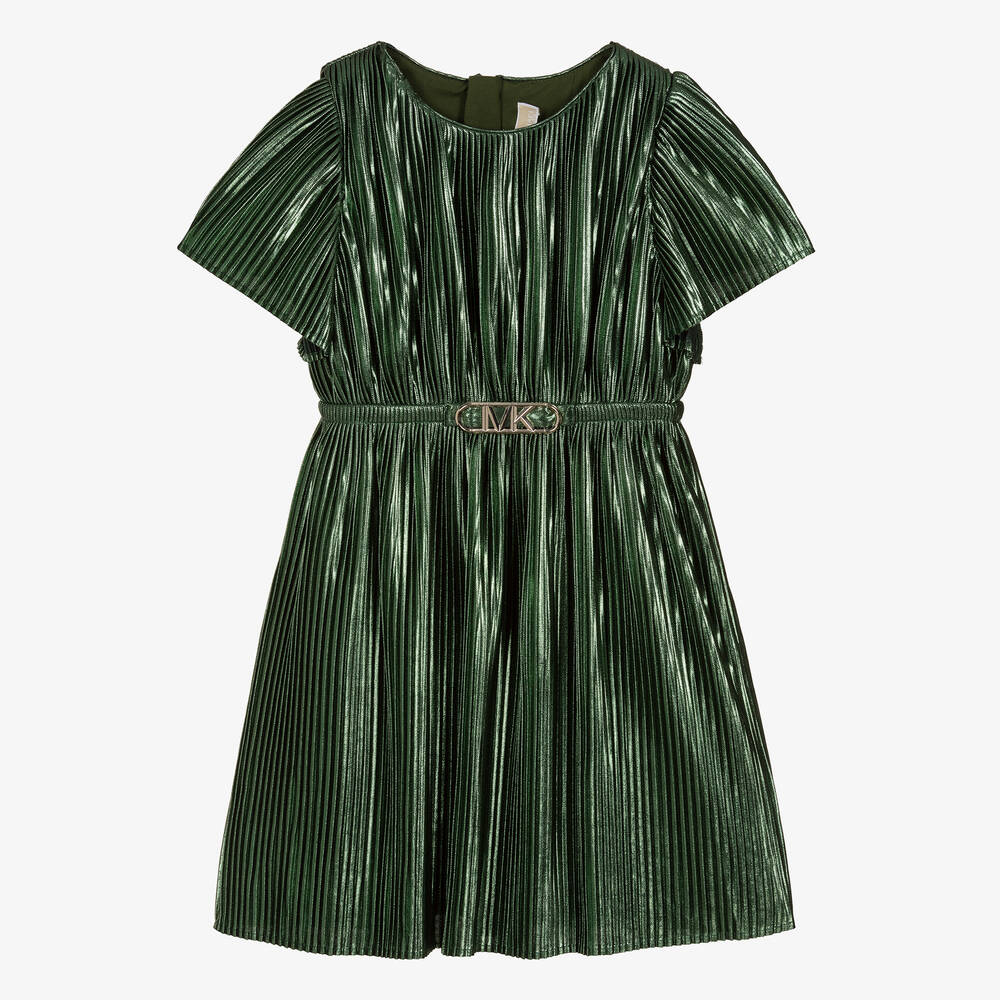 Michael Kors Kids Girls Green Metallic Pleated Dress