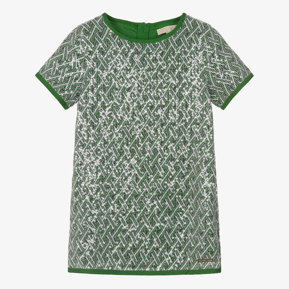 Michael Kors Kids - Зеленое платье с принтом-монограммой и пайетками | Childrensalon
