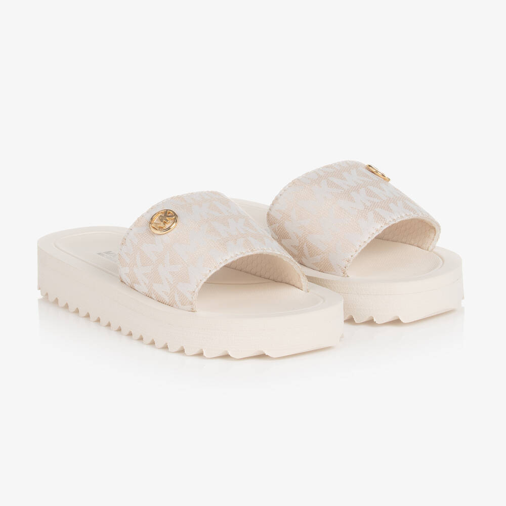 Michael Kors Kids - Girls Ivory & Beige Logo Sliders | Childrensalon