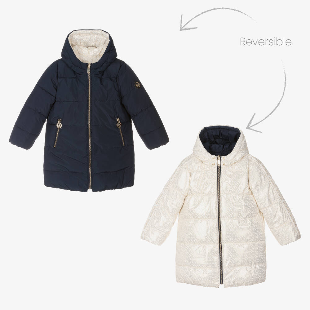 Michael Kors Kids - Girls Ivory & Blue MK Reversible Coat | Childrensalon