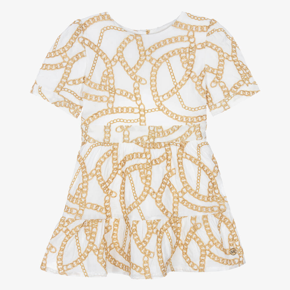 Michael Kors Kids-Girls Ivory Embroidered Gold Chain Dress | Childrensalon Outlet