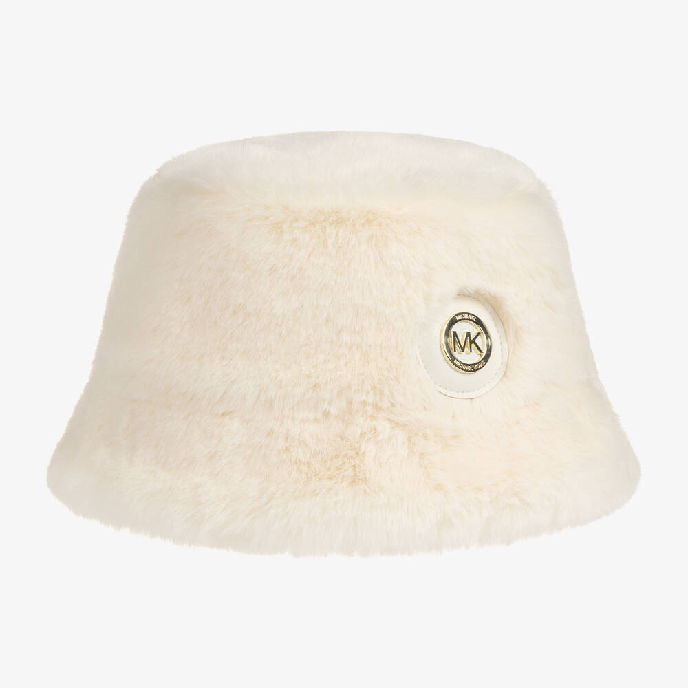 Michael Kors Kids - Girls Ivory Faux Fur Logo Hat | Childrensalon