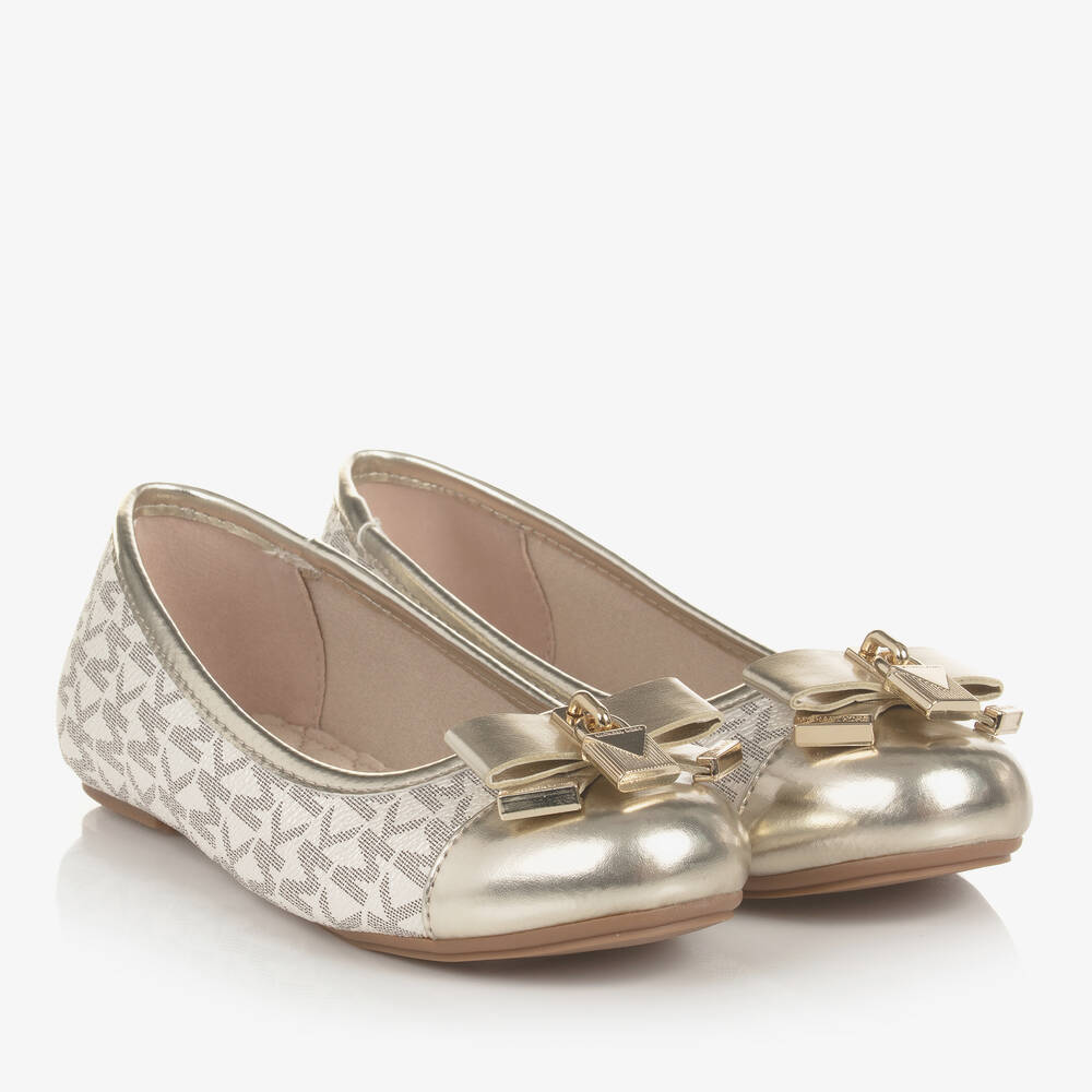 Michael Kors Kids - Girls Ivory & Gold MK Ballerina Pumps | Childrensalon