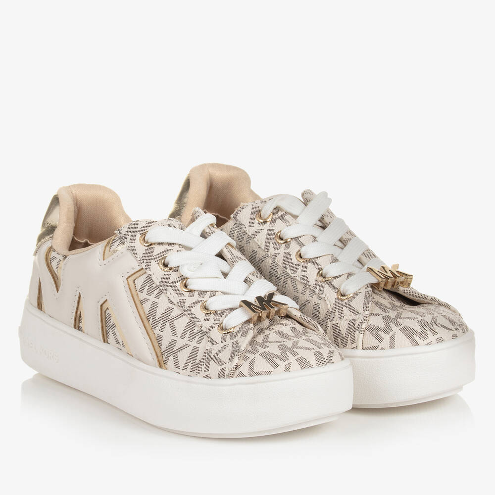 Michael Kors Kids - Girls Ivory & Gold MK Lace-Up Trainers | Childrensalon