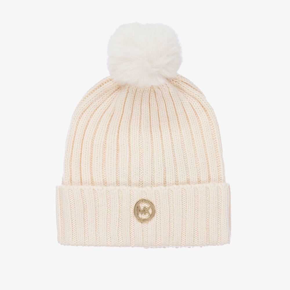 Michael Kors Kids - Girls Ivory Knit Pom-Pom Hat | Childrensalon