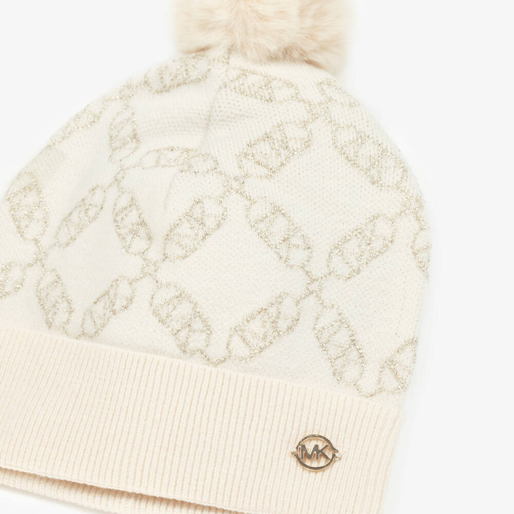 Michael Kors Kids-Girls Ivory PomPom Knit Hat | Childrensalon Outlet