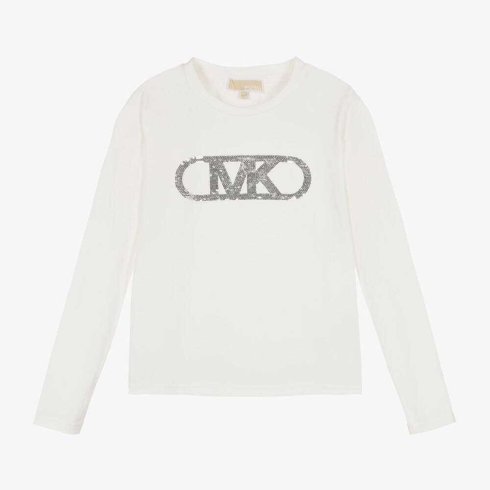 Michael Kors Kids-توب قطن عضوي جيرسي لون عاجي مزين بترتر للبنات | Childrensalon Outlet
