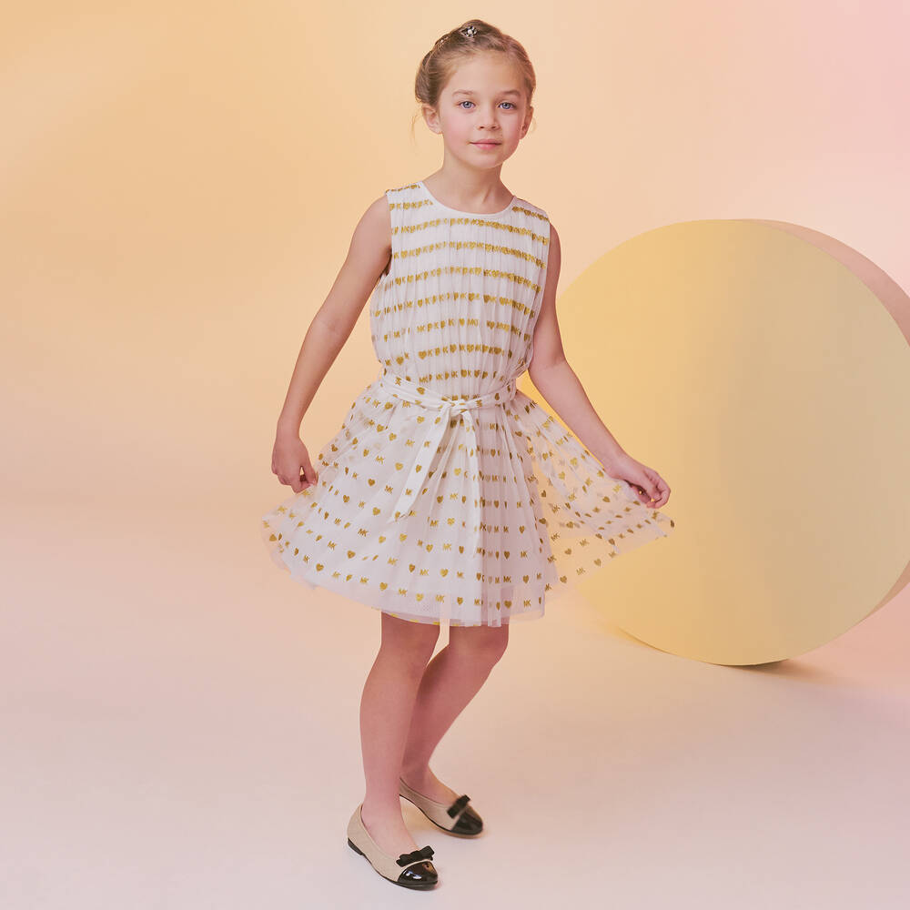 Michael Kors Kids Girls Ivory Tulle Monogram Heart Dress