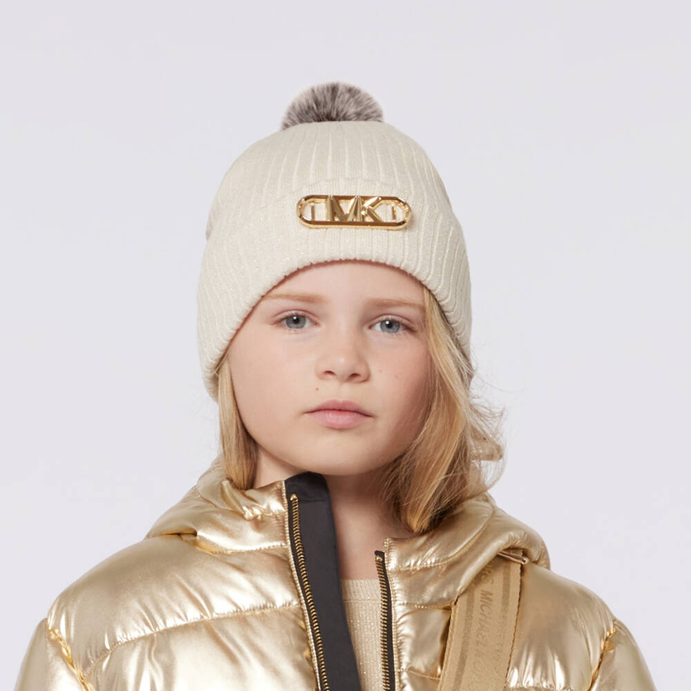 Michael Kors Kids-Girls Ivory Wool Blend Pompom Hat | Childrensalon Outlet