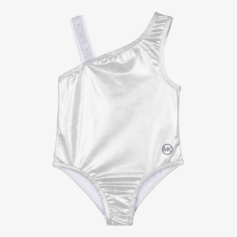 Michael Kors Kids - Girls Metallic Silver Logo Swimsuit | Childrensalon