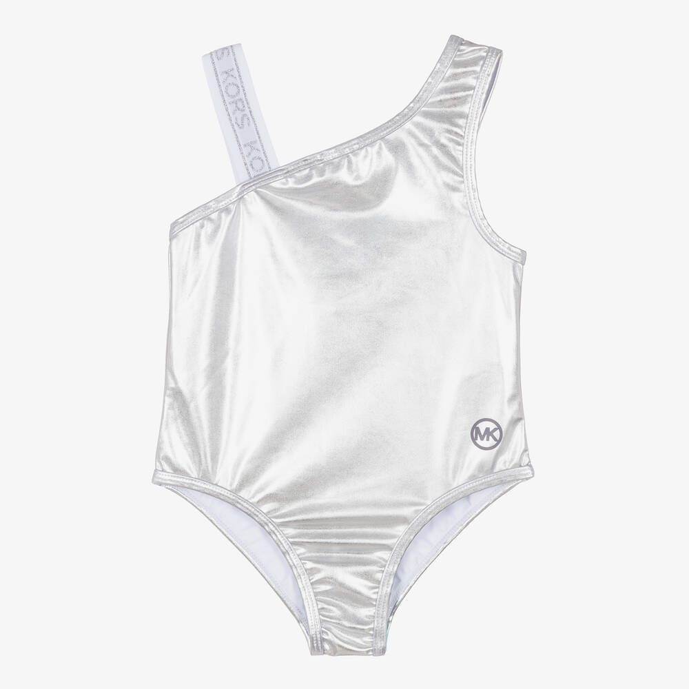 Michael Kors Kids Girls Metallic Silver Logo Swimsuit Childrensalon Outlet