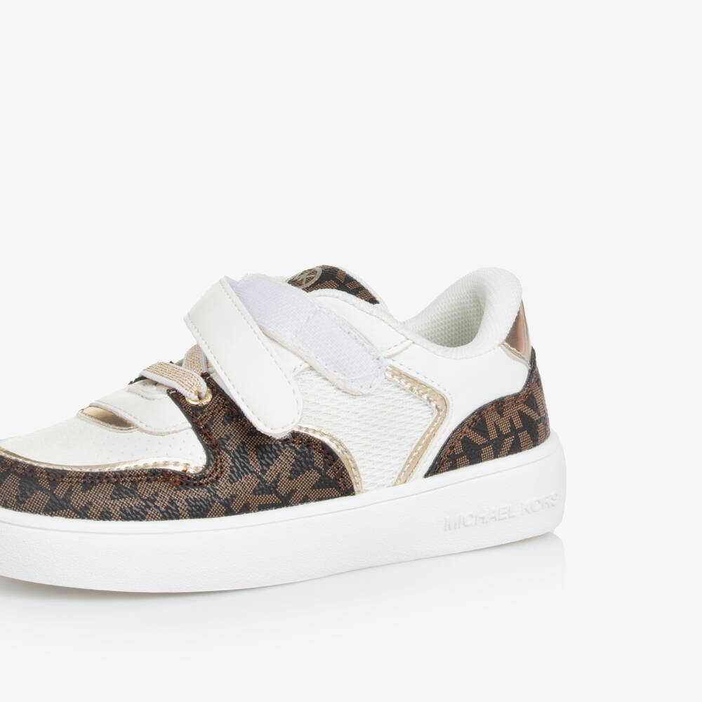 Michael Kors Kids-Girls Monogrammed Velcro White-Brown Sneakers | Childrensalon Outlet