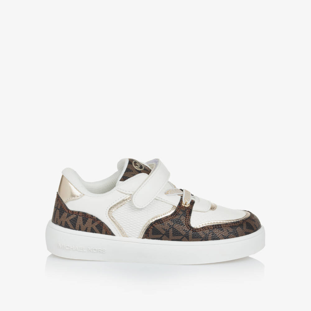 Michael Kors Kids-Girls Monogrammed Velcro White-Brown Sneakers | Childrensalon Outlet