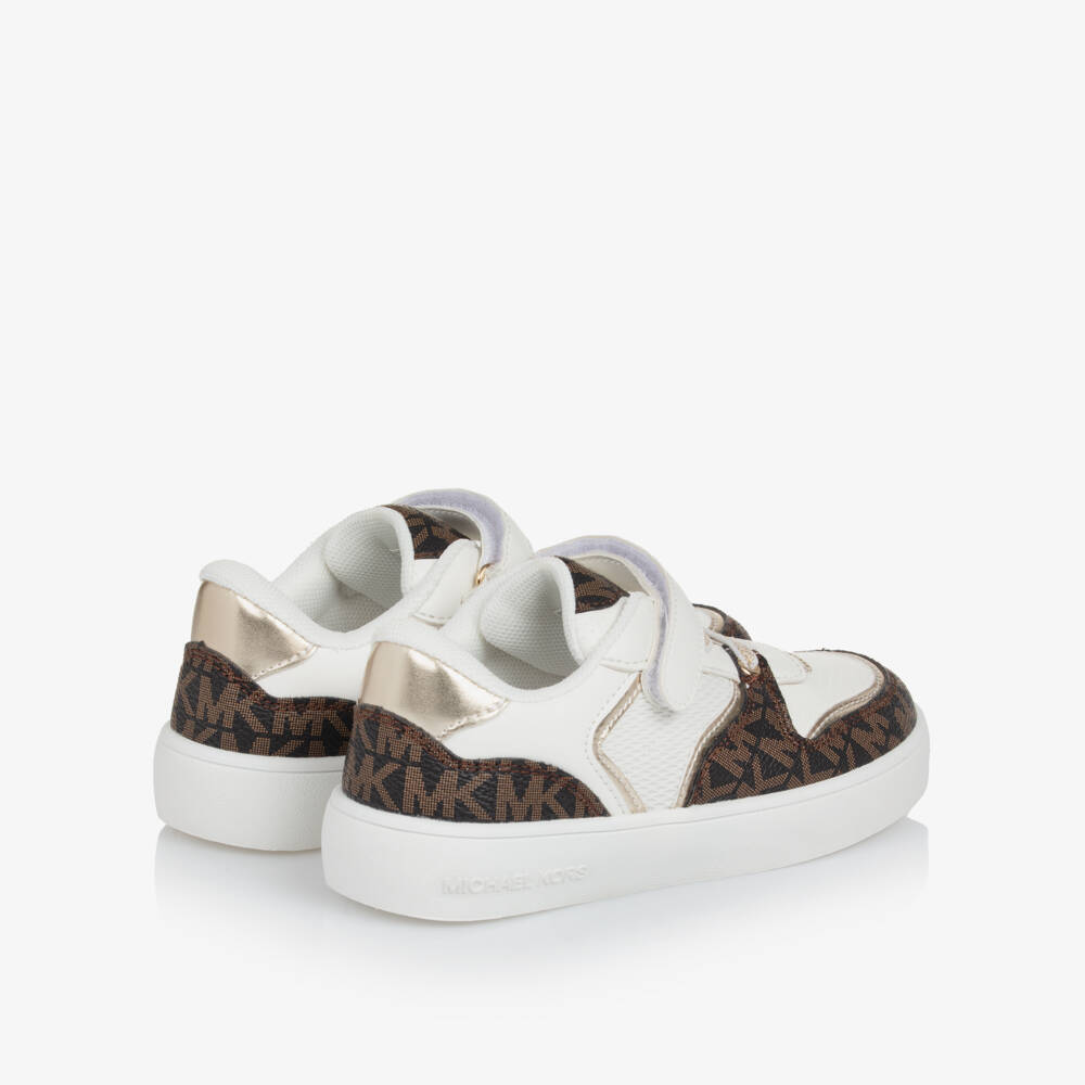 Michael Kors Kids-Girls Monogrammed Velcro White-Brown Sneakers | Childrensalon Outlet
