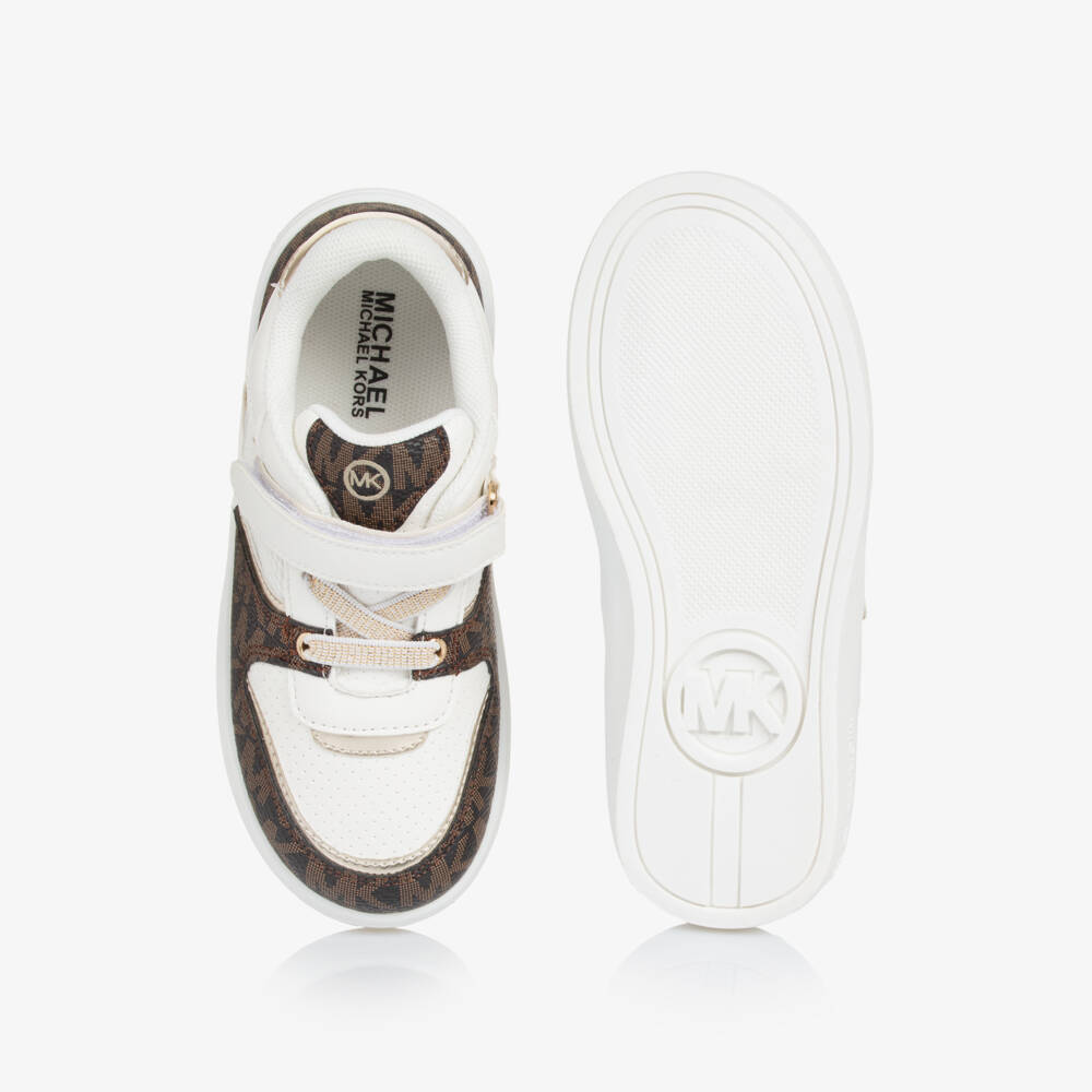 Michael Kors Kids-Girls Monogrammed Velcro White-Brown Sneakers | Childrensalon Outlet