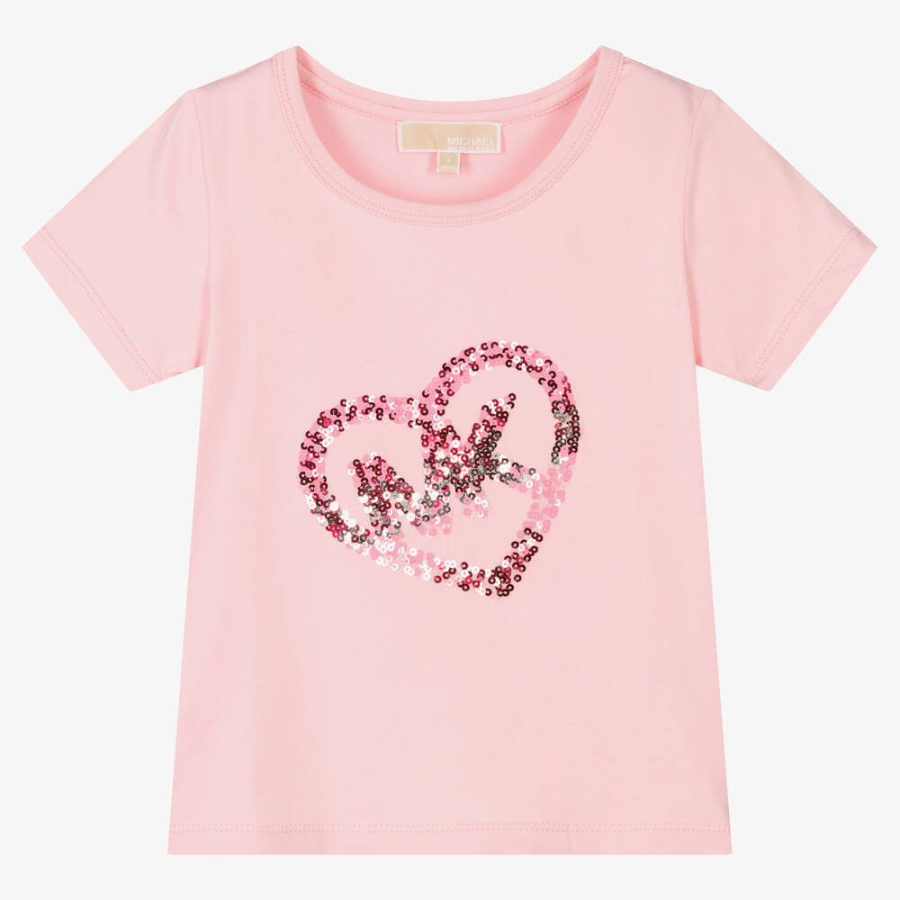 Michael Kors Kids - Girls Pink Sequin Heart Logo T-Shirt | Childrensalon