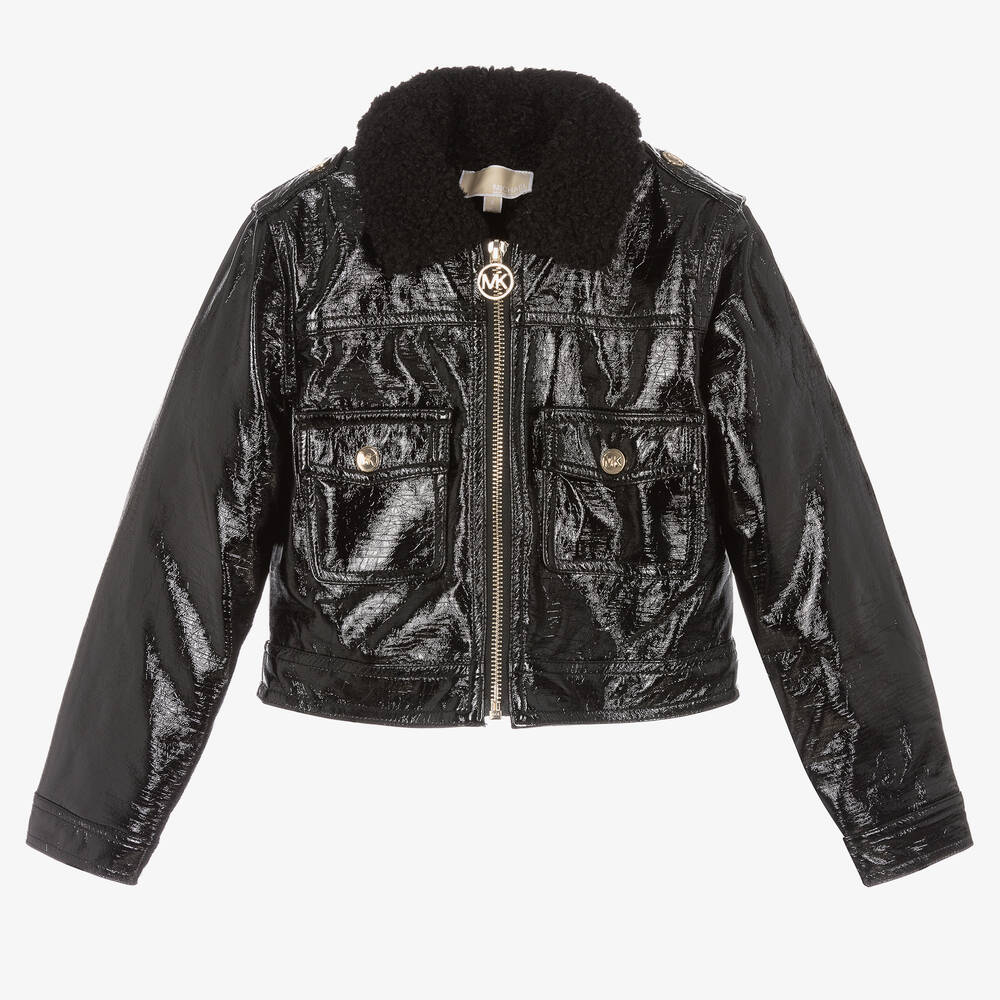 Michael Kors Kids - Girls Shiny Black Faux Leather Jacket | Childrensalon