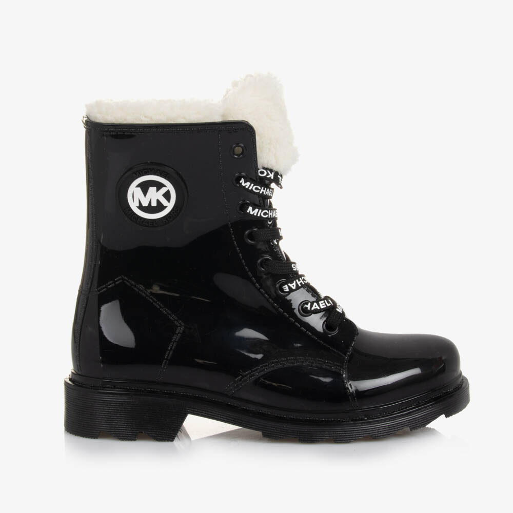 Michael Kors Kids-Girls Shiny Black Lace-Up Boots | Childrensalon Outlet