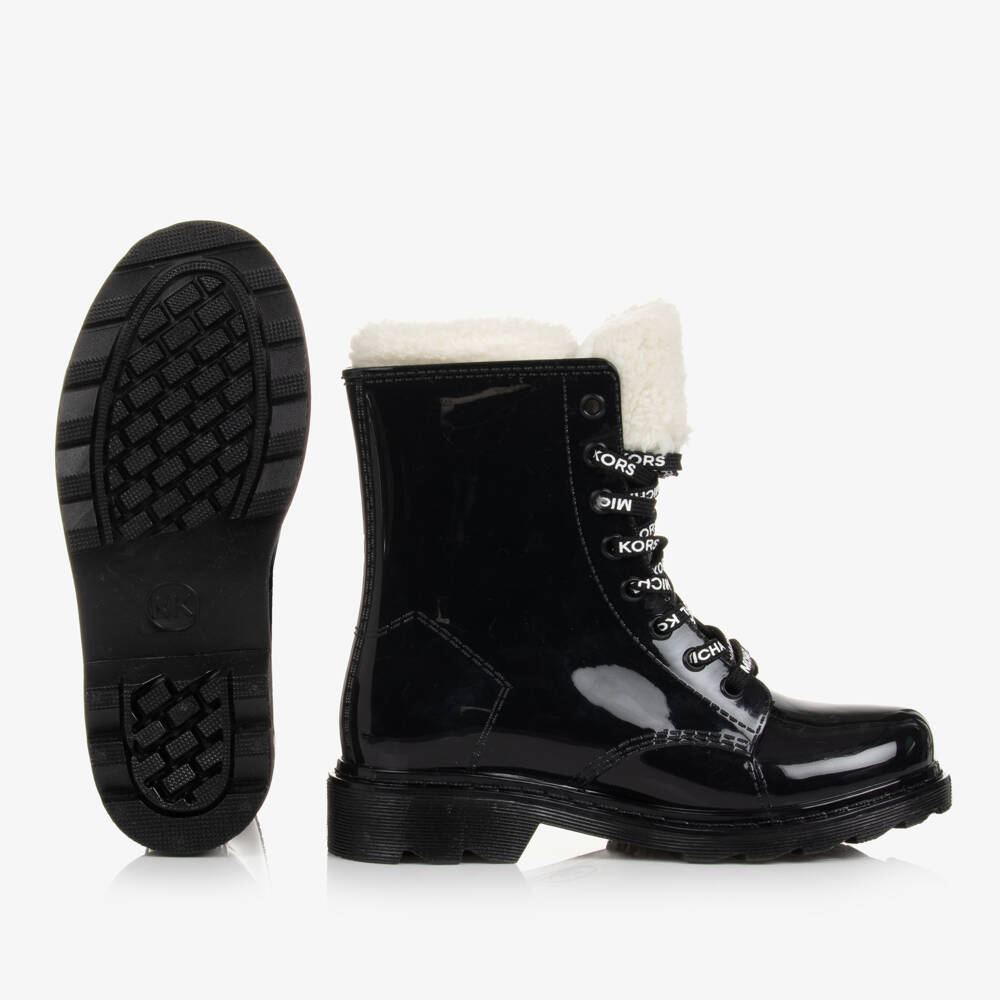Michael Kors Kids-Girls Shiny Black Lace-Up Boots | Childrensalon Outlet