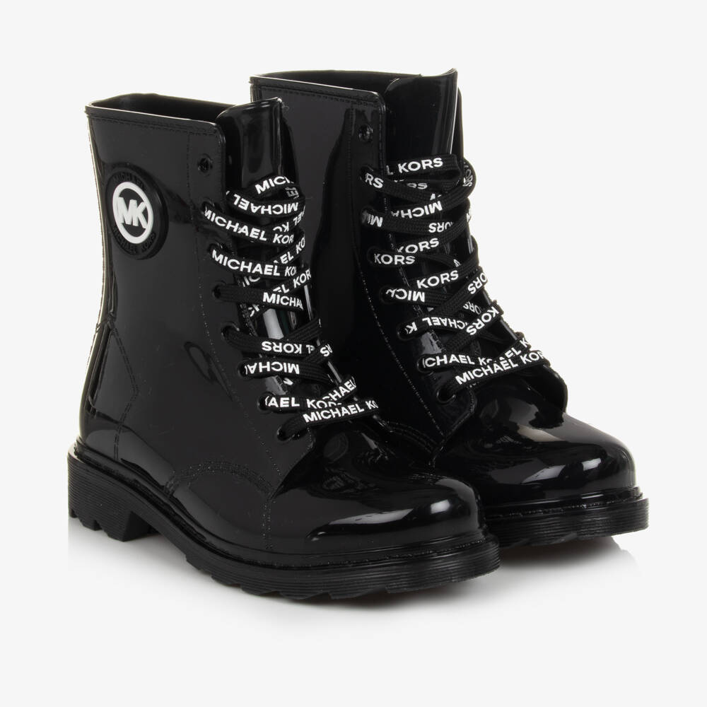 Michael Kors Kids-Girls Shiny Black Lace-Up Boots | Childrensalon Outlet