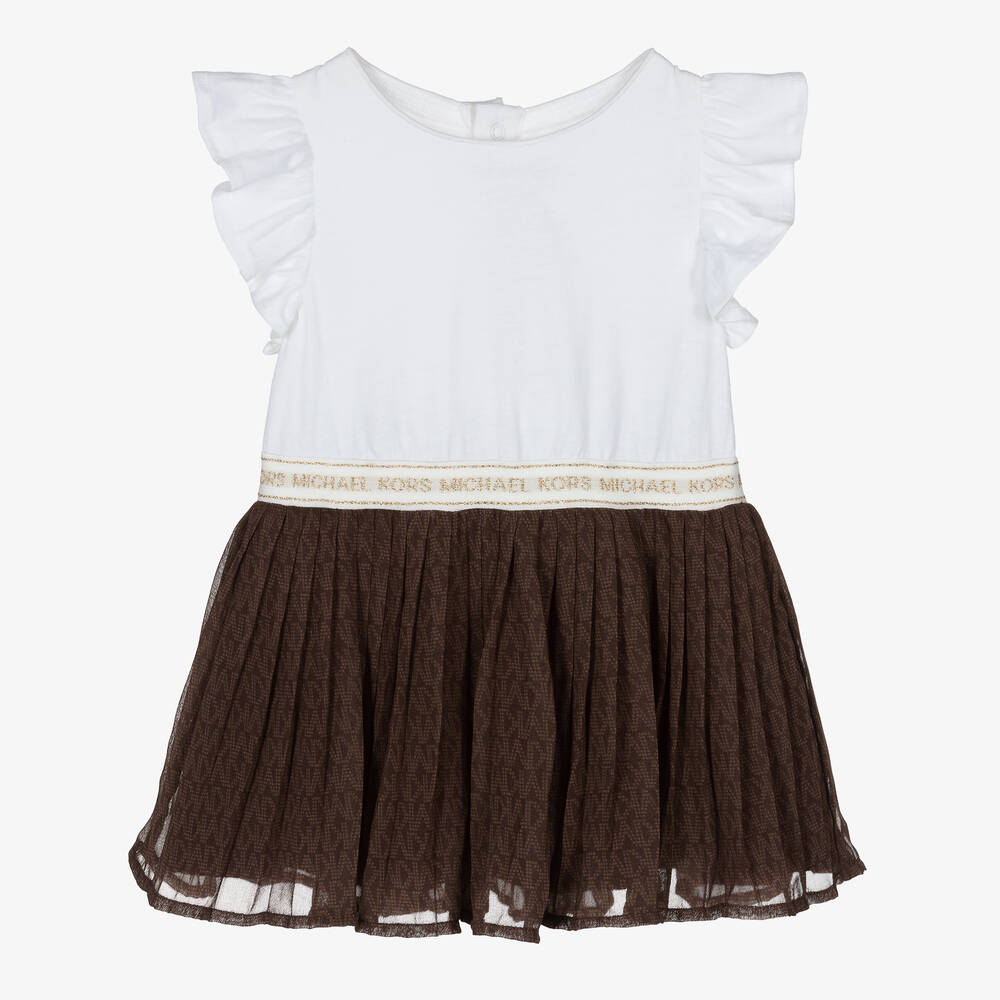 Michael Kors Kids - Girls White & Brown Logo Dress | Childrensalon