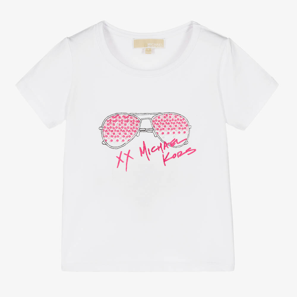 Michael Kors Kids - Girls White Cotton Sequin T-Shirt | Childrensalon
