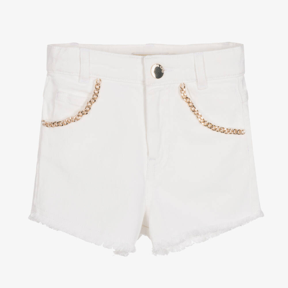 Michael Kors Kids - Белые джинсовые шорты с золотистой цепочкой  | Childrensalon