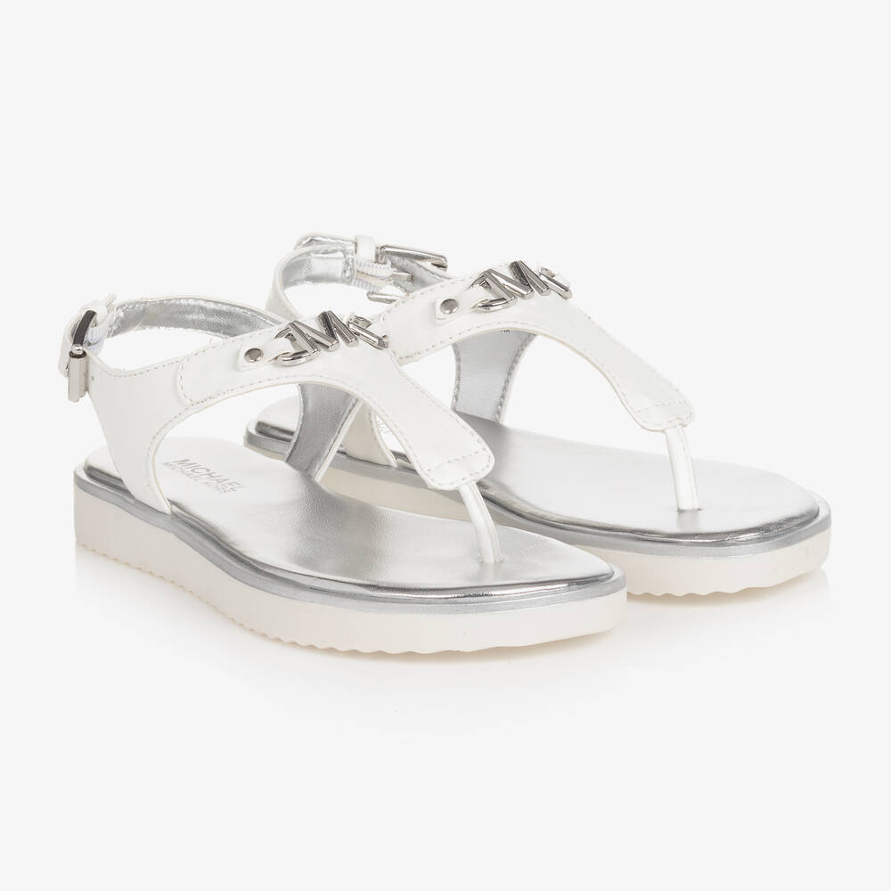 Michael Kors Kids - Girls White Faux Leather Logo Sandals | Childrensalon