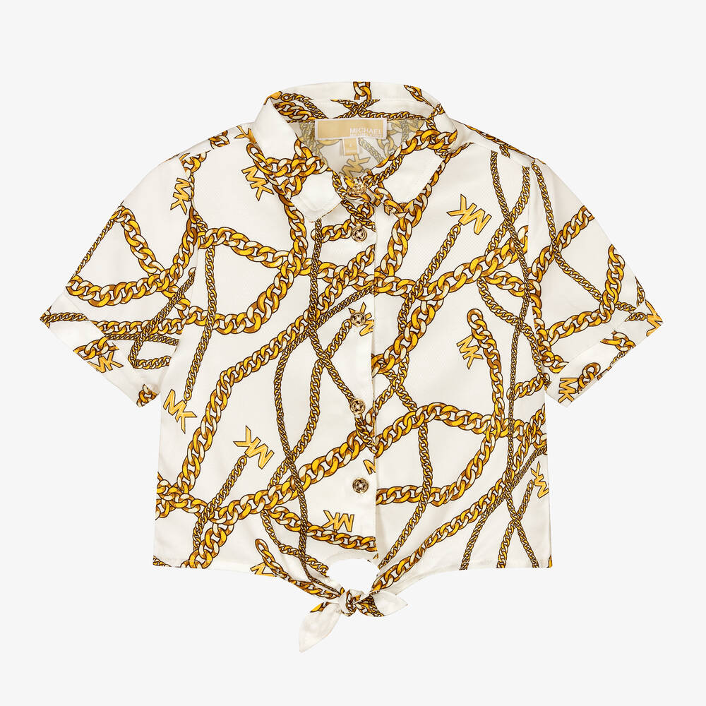 Michael Kors Kids - Girls White & Gold Chain Logo Blouse | Childrensalon