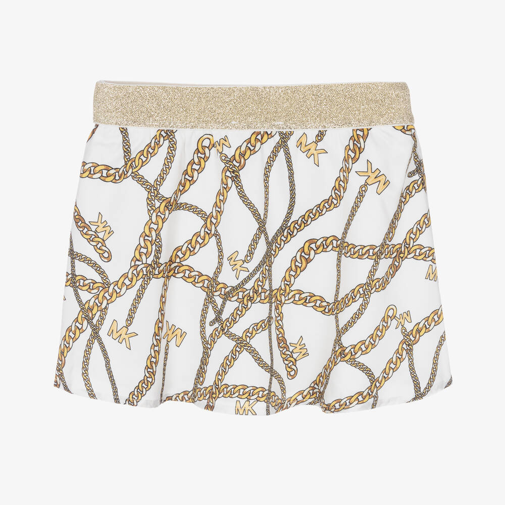 Michael Kors Kids-Girls White & Gold Chain Logo Skirt | Childrensalon Outlet