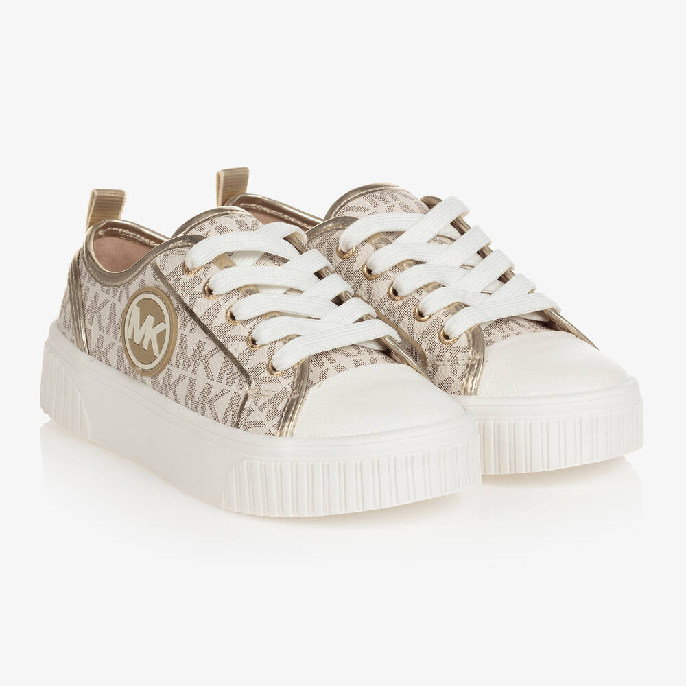 Michael Kors Kids - Girls White & Gold Logo Trainers | Childrensalon